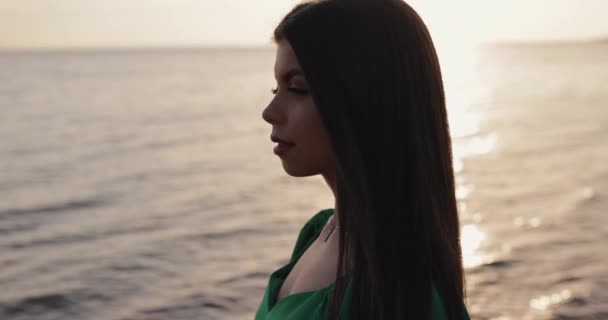 Profile View Thinking Woman Face Sea Background Sunset Slow Motion — Stok video