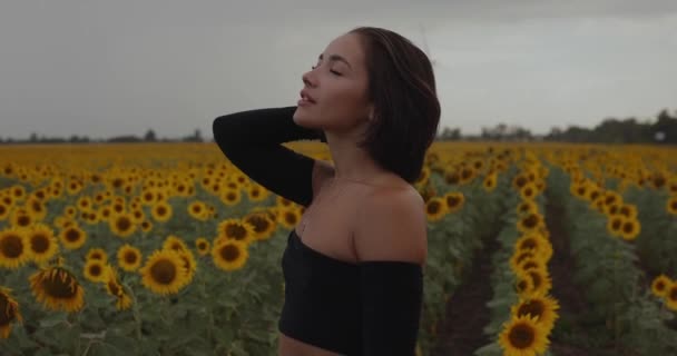 Beautiful Frisky Woman Posing Sunflower Field Slow Motion — Wideo stockowe