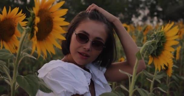 Beautiful Frisky Woman Posing Sunflower Field Slow Motion — Stock Video