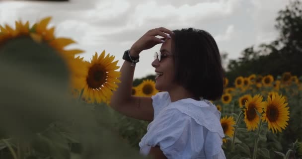 Όμορφη Ζωηρή Γυναίκα Που Ποζάρει Ένα Χωράφι Ηλιοτρόπια Αργή Κίνηση — Αρχείο Βίντεο