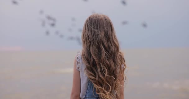 Little Girl Looking Amazedly Birds Sky Back View — Stockvideo