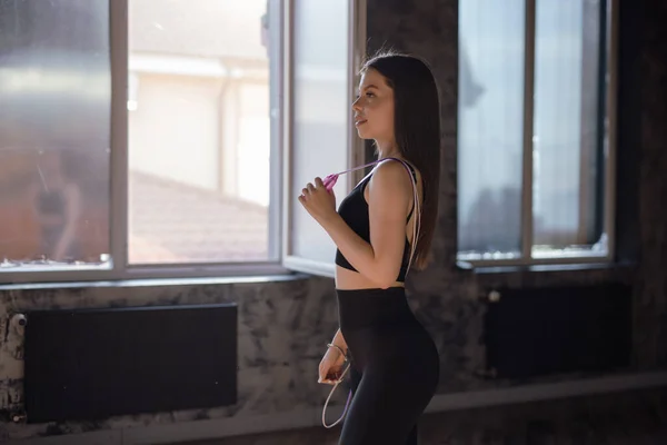 Beautiful Woman Portrait Holding Skipping Rope Gym — Stock fotografie