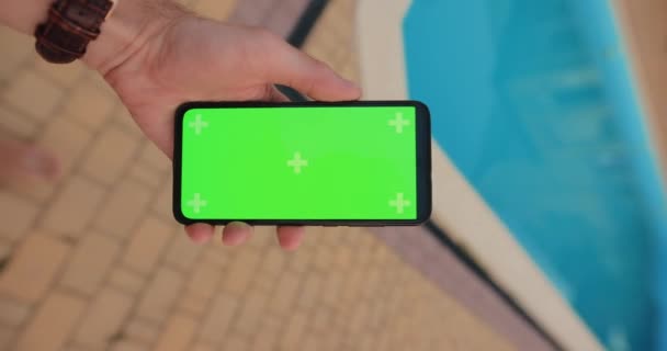 Pov Male Hand Holding Smartphone Empty Green Screen Chroma Key — Video