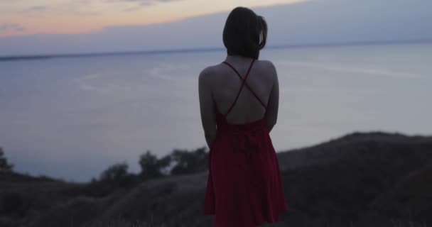 Силует Молодої Самотньої Жінки Червоній Сукні Дивиться Море Пагорба Ввечері — стокове відео