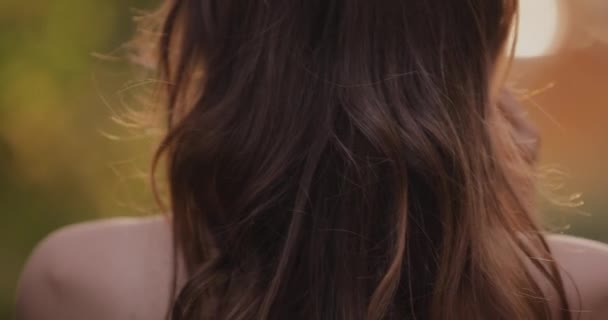 Woman Touching Her Beautiful Brunette Hair Summer Day Back View — Video