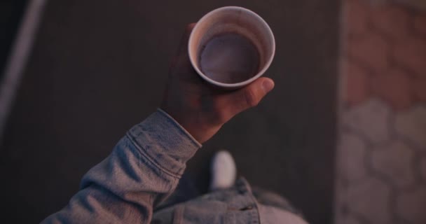 Pov Man Carry Paper Coffee Cup Walking City Street Evening — стоковое видео