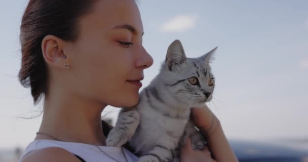 Hermosa Mujer Sosteniendo Abrazando Gato Gris Aire Libre Cámara Lenta — Vídeos de Stock