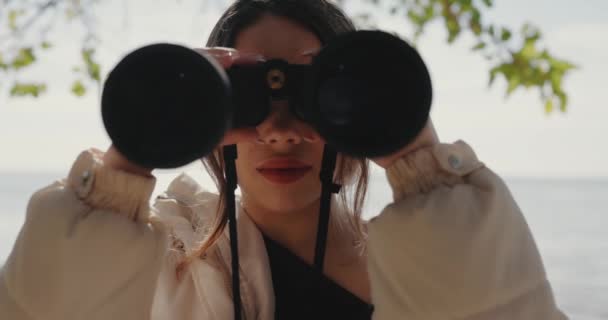 Woman Tourist Looking Binoculars Slow Motion — Stock Video