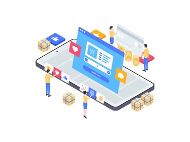 Mobil Isometric Illustration 'da E-Ticaret Siparişi. Mobil Uygulama, Web Sitesi, Banner, Diyagramlar, Bilgi Grafikleri ve Diğer Grafiksel Varlıklar İçin Uygun.