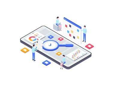 Araştırma ve Geliştirme Isometric Illustration. Mobil Uygulama, Web Sitesi, Banner, Diyagramlar, Bilgi Grafikleri ve Diğer Grafiksel Varlıklar İçin Uygun.