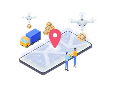 E-Ticaret Paketi Isometric Illustration 'ı gönderdi. Mobil Uygulama, Web Sitesi, Banner, Diyagramlar, Bilgi Grafikleri ve Diğer Grafiksel Varlıklar İçin Uygun.