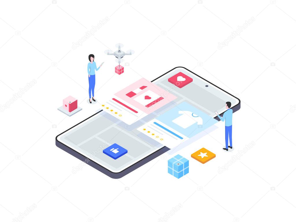 E-Commerce Rating Isometric Illustration. Suitable for Mobile App, Website, Banner, Diagrams, Infographics, and Other Graphic Assets.