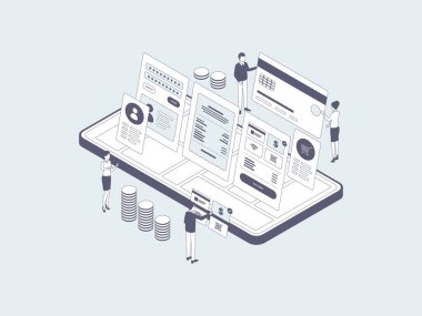 Detaylı Mobil Ödeme Isometric Illustration Lineal Grey. Mobil Uygulama, Web Sitesi, Banner, Diyagramlar, Bilgi Grafikleri ve Diğer Grafiksel Varlıklar İçin Uygun.
