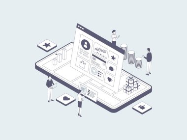 Dijital Pazarlama Isometric Illustration Lineal Grey. Mobil Uygulama, Web Sitesi, Banner, Diyagramlar, Bilgi Grafikleri ve Diğer Grafiksel Varlıklar İçin Uygun.