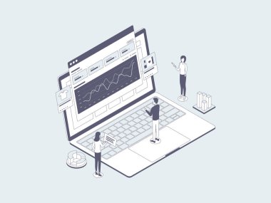 E-Ticaret Analitiği Isometric Illustration Lineal Gray. Mobil Uygulama, Web Sitesi, Banner, Diyagramlar, Bilgi Grafikleri ve Diğer Grafiksel Varlıklar İçin Uygun.