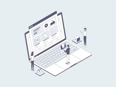 E-Ticaret Ürünleri Isometric Illustration Lineal Gray. Mobil Uygulama, Web Sitesi, Banner, Diyagramlar, Bilgi Grafikleri ve Diğer Grafiksel Varlıklar İçin Uygun.