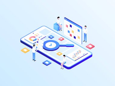 Araştırma ve Geliştirme Isometric Illustration Light Gradient. Mobil Uygulama, Web Sitesi, Banner, Diyagramlar, Bilgi Grafikleri ve Diğer Grafiksel Varlıklar İçin Uygun.