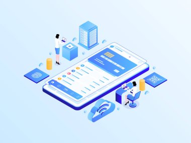 Dijital Bankacılık Isometric Işık Gradyan İllüstrasyonu. Mobil Uygulama, Web Sitesi, Banner, Diyagramlar, Bilgi Grafikleri ve Diğer Grafiksel Varlıklar İçin Uygun.
