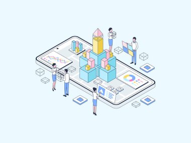 Ürün Salımı Isometric Illustration Lineal Color. Mobil Uygulama, Web Sitesi, Banner, Diyagramlar, Bilgi Grafikleri ve Diğer Grafiksel Varlıklar İçin Uygun.