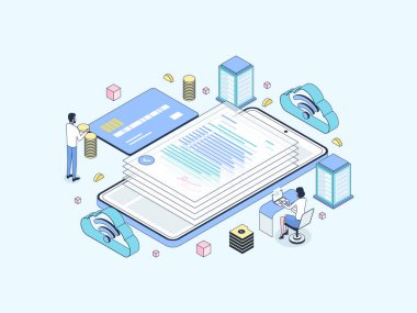 Online Loan Isometric Illustration Lineal Color. Mobil Uygulama, Web Sitesi, Banner, Diyagramlar, Bilgi Grafikleri ve Diğer Grafiksel Varlıklar İçin Uygun.