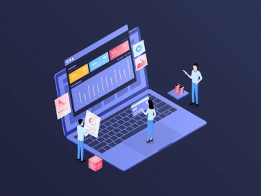 Ticari ilanlar Isometric Illustration Dark Gradient. Mobil Uygulama, Web Sitesi, Banner, Diyagramlar, Bilgi Grafikleri ve Diğer Grafiksel Varlıklar İçin Uygun.