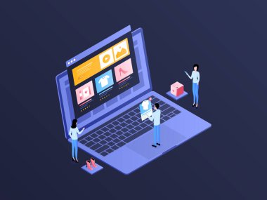 E-Ticaret Ürünleri Isometric Illustration Dark Gradient. Mobil Uygulama, Web Sitesi, Banner, Diyagramlar, Bilgi Grafikleri ve Diğer Grafiksel Varlıklar İçin Uygun.