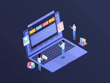 E- Ticaret Analitiği Isometric Illustration Dark Gradient. Mobil Uygulama, Web Sitesi, Banner, Diyagramlar, Bilgi Grafikleri ve Diğer Grafiksel Varlıklar İçin Uygun.