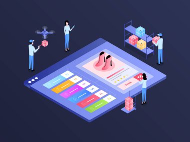 E-Ticaret Omnichannel Senkronizasyon Hisseleri Isometric Illustration Dark Gradient. Mobil Uygulama, Web Sitesi, Banner, Diyagramlar, Bilgi Grafikleri ve Diğer Grafiksel Varlıklar İçin Uygun.