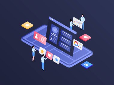 Testimonial Mobile Isometric Illustration Dark Gradient. Suitable for Mobile App, Website, Banner, Diagrams, Infographics, and Other Graphic Assets.