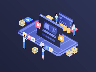 E-Commerce Order on Mobile Isometric Illustration Dark Gradient. Suitable for Mobile App, Website, Banner, Diagrams, Infographics, and Other Graphic Assets.