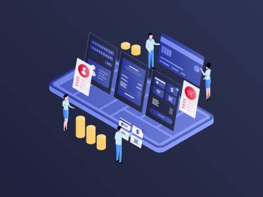 Detaylı Mobil Ödeme Isometric Illustration Dark Gradient. Mobil Uygulama, Web Sitesi, Banner, Diyagramlar, Bilgi Grafikleri ve Diğer Grafiksel Varlıklar İçin Uygun.