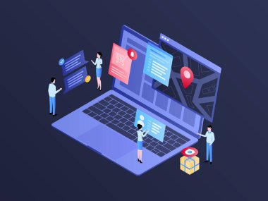 Isometric Illustration 'ın Karanlık Gradyanı. Mobil Uygulama, Web Sitesi, Banner, Diyagramlar, Bilgi Grafikleri ve Diğer Grafiksel Varlıklar İçin Uygun.
