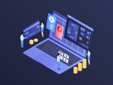 Masaüstü Ödeme Isometric Illustration Dark Gradient. Mobil Uygulama, Web Sitesi, Banner, Diyagramlar, Bilgi Grafikleri ve Diğer Grafiksel Varlıklar İçin Uygun.