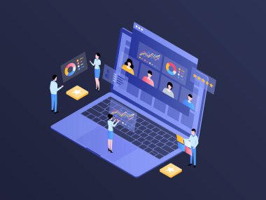 İşçi Performansı Isometric Illustration Dark Gradient. Mobil Uygulama, Web Sitesi, Banner, Diyagramlar, Bilgi Grafikleri ve Diğer Grafiksel Varlıklar İçin Uygun.