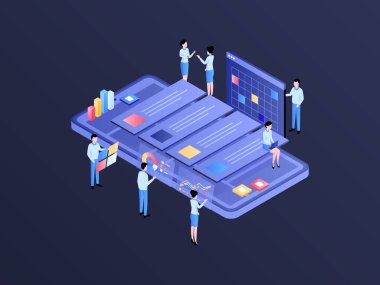 Proje Yönetimi Isometric Illustration Dark Gradient. Mobil Uygulama, Web Sitesi, Banner, Diyagramlar, Bilgi Grafikleri ve Diğer Grafiksel Varlıklar İçin Uygun.