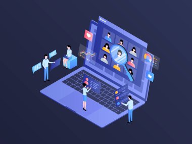 Pazar Araştırması Isometric Illustration Dark Gradient. Mobil Uygulama, Web Sitesi, Banner, Diyagramlar, Bilgi Grafikleri ve Diğer Grafiksel Varlıklar İçin Uygun.