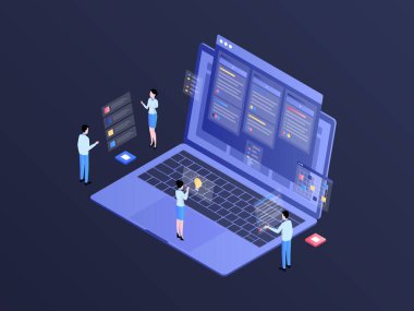 İş Akımı Isometric Illustration Dark Gradient. Mobil Uygulama, Web Sitesi, Banner, Diyagramlar, Bilgi Grafikleri ve Diğer Grafiksel Varlıklar İçin Uygun.