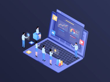 Business Pitching Isometric Illustration Dark Gradient. Suitable for Mobile App, Website, Banner, Diagrams, Infographics, and Other Graphic Assets.