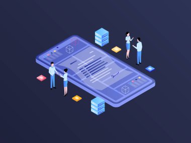 İş ortaklığı Isometric Illustration Dark Gradient. Mobil Uygulama, Web Sitesi, Banner, Diyagramlar, Bilgi Grafikleri ve Diğer Grafiksel Varlıklar İçin Uygun.