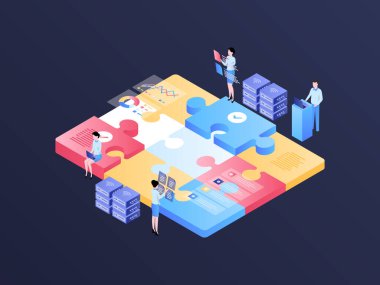 Business Teamwork Isometric Illustration Dark Gradient. Suitable for Mobile App, Website, Banner, Diagrams, Infographics, and Other Graphic Assets.