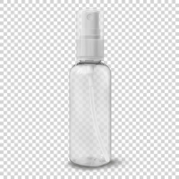 Frasco cosmético plástico transparente com spray vector ilustração. Recipiente para desinfectante, névoa, água termal. Pacote de produto de beleza de formato de viagem —  Vetores de Stock