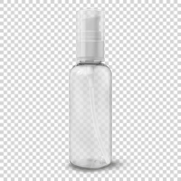 Przezroczysta plastikowa butelka kosmetyczna z ilustracją wektora pompy. Pojemnik na żel do czyszczenia, balsam, krem do twarzy. Format podróży piękno produktu — Wektor stockowy
