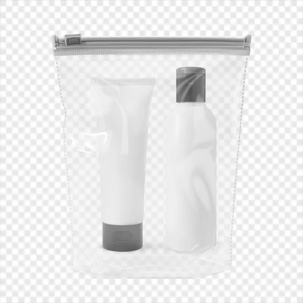 Botella y tubo del producto de la belleza fijados en el embalaje plástico con la ilustración realista 3d de Ziplock aislada — Vector de stock