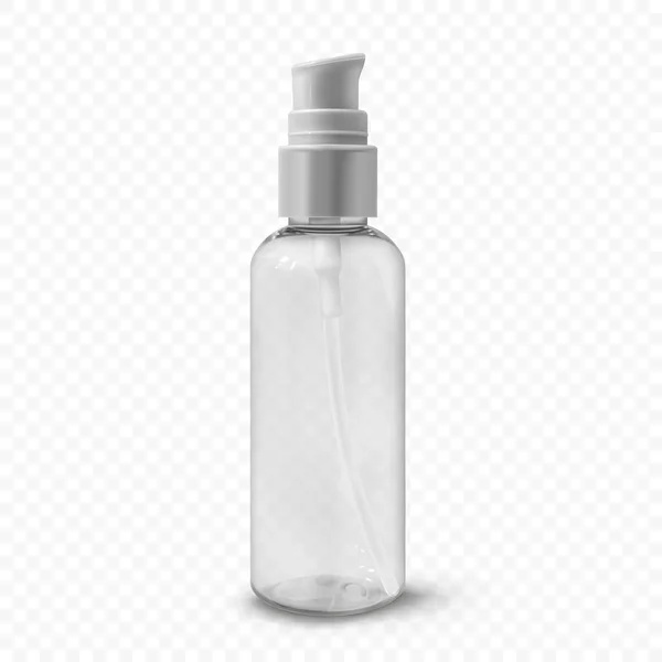 Przezroczysta plastikowa butelka kosmetyczna z ilustracją wektora pompy. Pojemnik na żel do czyszczenia, balsam, krem do twarzy. Format podróży piękno produktu — Wektor stockowy