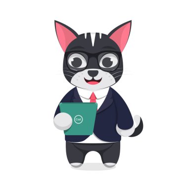 Tablete bakan sevimli bir kedi, beyaz arka plan.