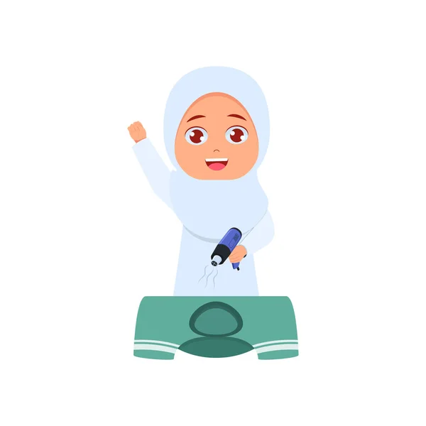 イスラム教徒の女の子乾燥スクリーン印刷インクとともに熱い空気銃 — ストックベクタ