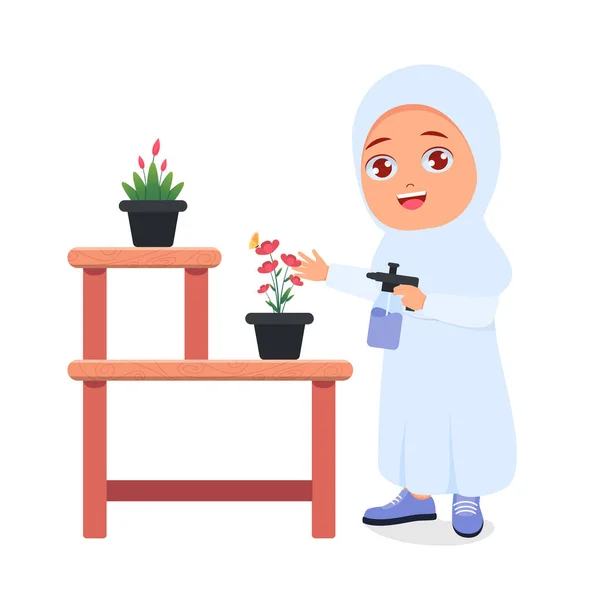 Beyaz Arka Planda Bitkilerle Ilgilenen Tatlı Bir Kız — Stok Vektör