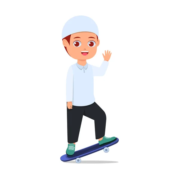 Mignon Garçon Jouer Skateboard Fond Blanc — Image vectorielle