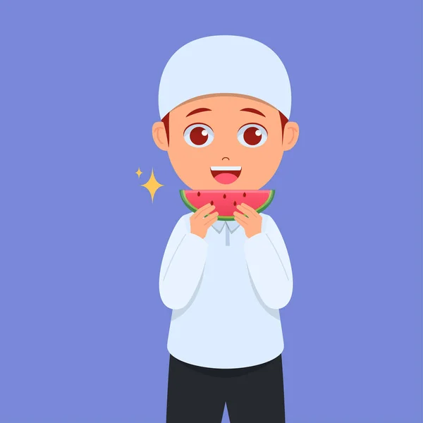 Χαριτωμένο Αγόρι Τρώει Φρέσκο Καρπούζι Χαρούμενο Πρόσωπο — Διανυσματικό Αρχείο