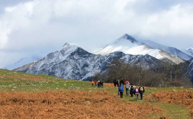 Turistler güzel karlı dağlara doğru yürüyorlar. Gabala. Azerbaycan.